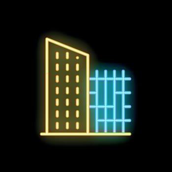 Neon icon of building under construction with metal scaffolding vector