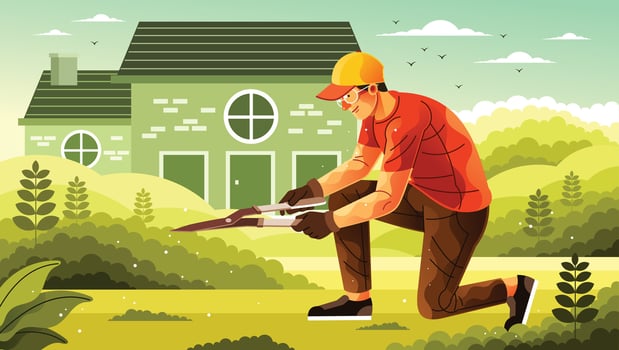 Young Gardener Cutting Grass with Clippers vector