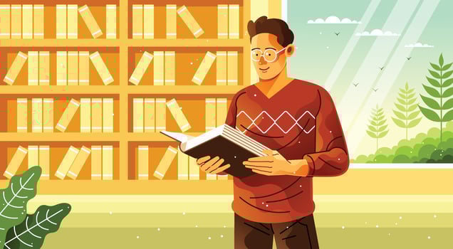 Young Man Reading Book at Library Illustration vector