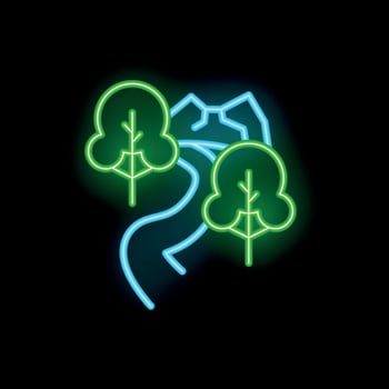 Neon sign of a winding road through the forest at night vector