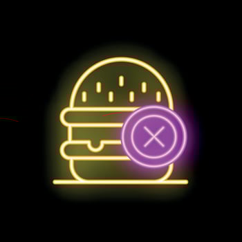 Glowing neon sign depicting a hamburger with a prohibition symbol, concept of fast food ban vector