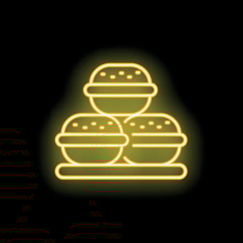 Yellow neon sign showing three delicious burgers on a tray vector