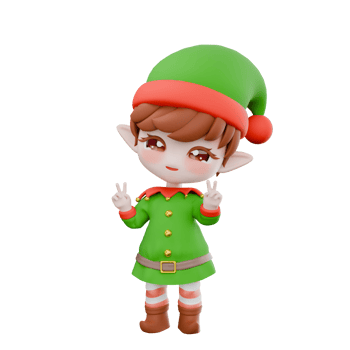 Chibi Elf Holiday Character. A male Chibi Elf stands with both hands forming a 2 finger pose, smiling expression. Christmas 3D Cartoon Design png