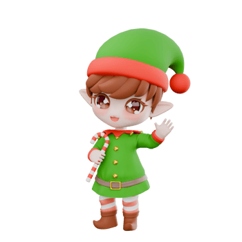 Christmas Chibi Elf Cartoon. A male Chibi Elf stands with one hand holding a stick and waving his left hand. Festive 3D Model Design png