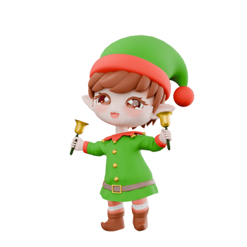Chibi Elf Christmas 3D Model. A male Chibi Elf stands with both hands carrying two yellow bells. Holiday Cartoon Design png