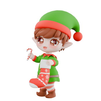 Chibi Elf Holiday Cartoon. A male Chibi Elf stands with one hand holding a Christmas candy cane and the other holding a Christmas stocking. Christmas 3D Model png