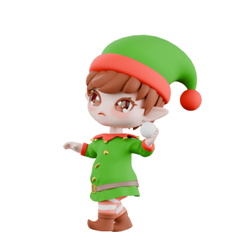 Christmas Holiday Chibi Elf Cartoon. A male Chibi Elf walks with one hand holding a snowball as if he wants to throw it. Festive 3D Model png