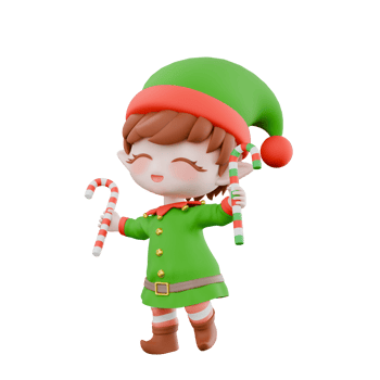 Christmas Cartoon Chibi Elf 3D. A male Chibi elf walks with his eyes closed while holding a candy cane in both hands, a happy expression. Holiday Festive Model png