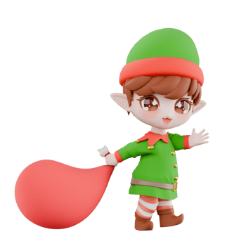 Chibi Christmas Elf Cartoon Model. A Chibi Elf walks to the left while carrying a sack containing Christmas presents in her right hand. Festive 3D Illustration png