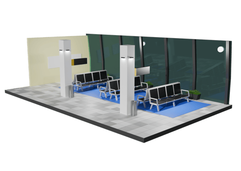 A 3d rendering of a waiting area with chairs and a television png