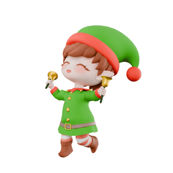 Christmas Cartoon Chibi Elf Festive Design. A male Chibi elf running to the right with both hands holding a yellow bell. Holiday 3D Model png