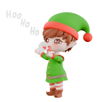Chibi Christmas Elf Cartoon Design. A male Chibi elf stands while talking with his left hand holding a loudspeaker. Festive Holiday 3D Model png