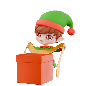 Chibi Christmas Elf Holiday Cartoon. A male Chibi elf stands with both hands holding a ribbon behind a large gift. Festive 3D Illustration png