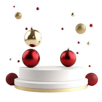 Empty White podium with shiny baubles gold and red decoration isolate on transparent background png