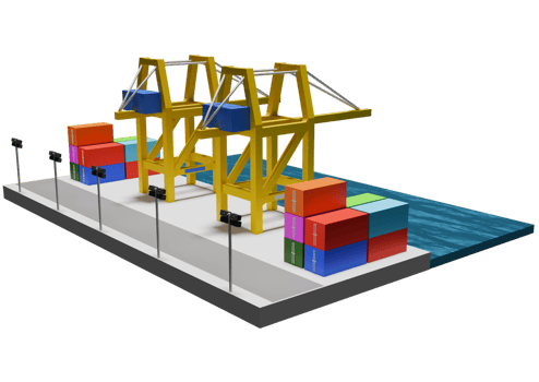 A 3d rendering of a container ship and a crane png