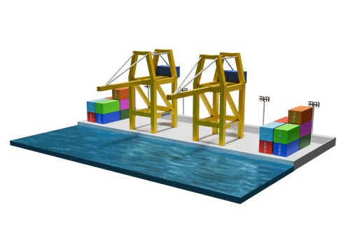 A 3d rendering of a cargo ship and a crane png