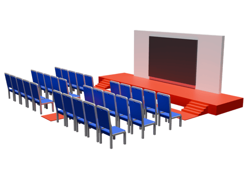 A large auditorium with chairs and a projector screen png