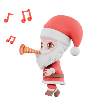 Chibi Santa Boy Christmas Cartoon. A Chibi Santa Boy walks sounding a trumpet held in his right hand. Holiday 3D Model png