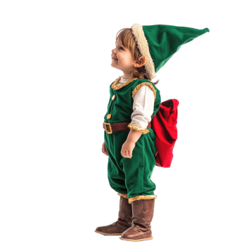 Funny little child wear christmas elf costume side view isolate on transparent background png