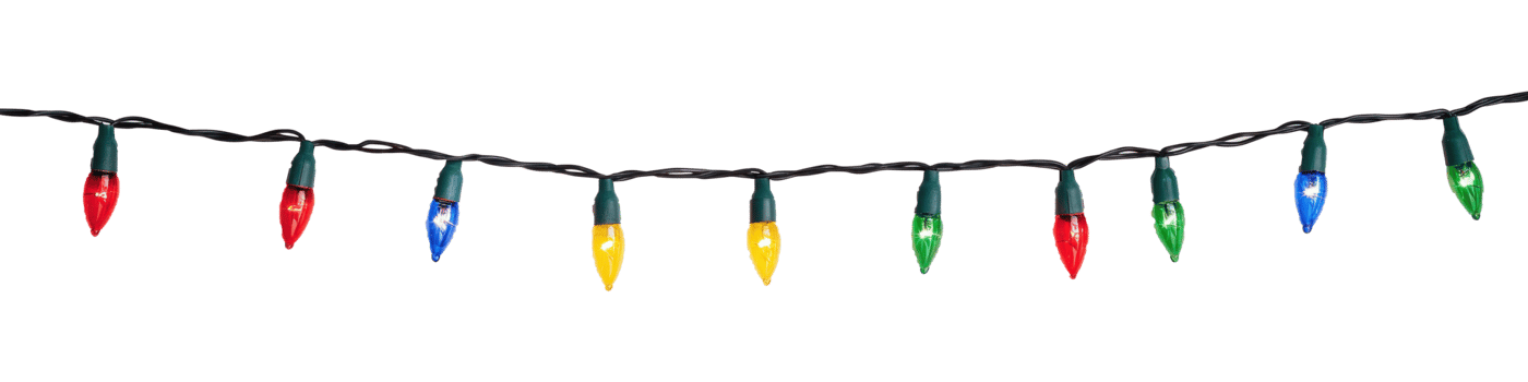 A string of colorful Christmas lights hanging isolate on transparent background png
