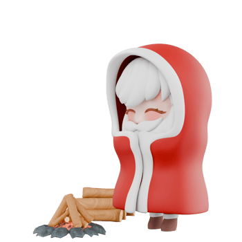 Chibi Santa Boy Festive Christmas Character. A chibi santa boy stands wearing a Santa jacket next to a campfire, with a cold expression. 3D Holiday Design png