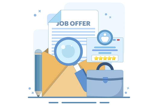 Job offer concept, recruitment search, starting a career, vacancies. We are recruiting poster. receive email letter with job offer. Recruitment search. Flat illustration. vector