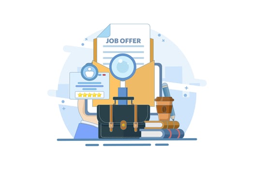 Job offer concept, recruitment search, starting a career, vacancies. We are recruiting poster. receive email letter with job offer. Recruitment search. Flat illustration on background. vector