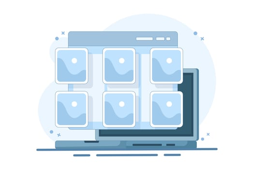 Online Concept Photo Album and digital gallery. View electronic photographic image files on website or internet on computer or laptop. Computer network. Flat illustration. vector