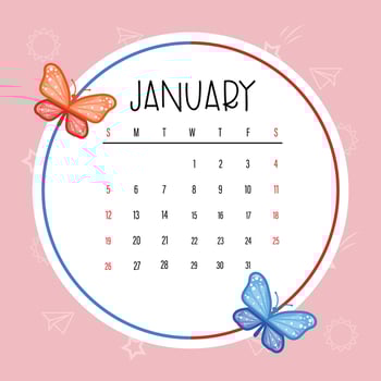 Colorful January 2025 Calendar Template with Cartoon Butterflies vector