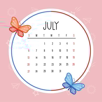Colorful july 2025 Calendar Template with Cartoon Butterflies vector