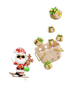 3d Santa Claus sunglasses skiing with socks, basket, gift box isolated. online shopping, merry christmas, festive new year holiday concept, 3d render illustration png