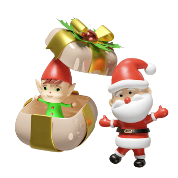 3d little elves in open gift box with santa claus isolated. merry christmas, festive new year holiday concept, 3d render illustration png
