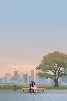 Couple of lover kissing on the bench at public park have skyscraper and vanilla sky vertical background graphic illustration. Sweetheart's dating concept have blank space. vector