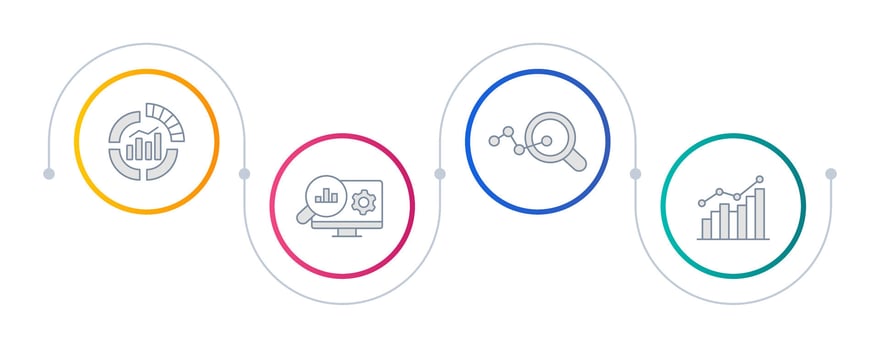Automated data analytics infographic circles. Statistic metrics, diagnostics. Control, monitoring. Editable thin line icons diagram process with 4 steps vector