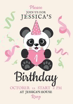 Girl Happy Birthday Panda Invitation Card Cute Illustration Kids Greeting Poster. Birthday Party template for stories, social media, celebration, children. Panda, Heart and Cap. vector