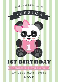 Pink , green Happy Birthday Panda Invitation Card Cute Illustration Kids Greeting Poster. Birthday Party template for stories, social media, celebration, children. Panda, Heart cap vector