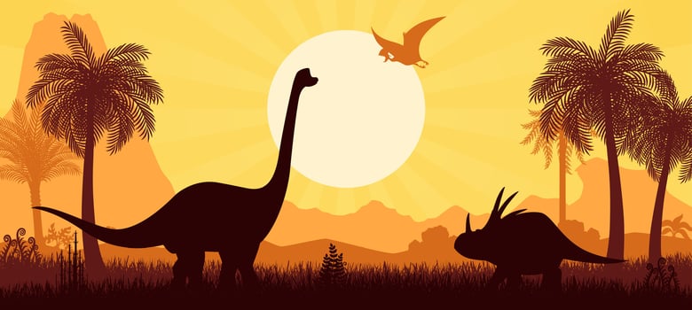 Prehistoric dinosaurs silhouettes sunset landscape vector