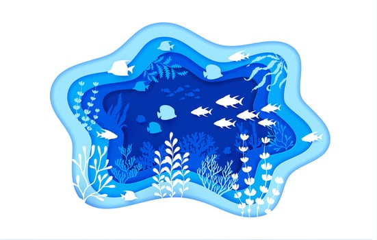Paper cut blue underwater landscape of fish shoal vector