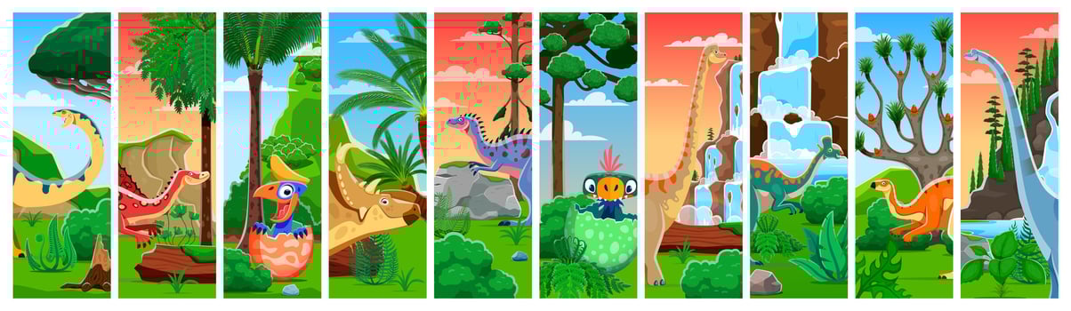 Cartoon prehistoric dinosaurs and dino kids vector
