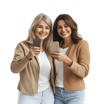 Two women smiling while holding cell phones png