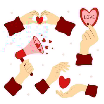 Set of hands with megaphone and hearts for Valentine's Day. Love and romance concept. illustration vector