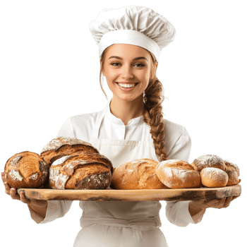 A young woman in a chef hat holding a tray of bread png