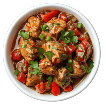 Savory chicken stew with colorful vegetables served in a white bowl isolated on transparent background cutout png