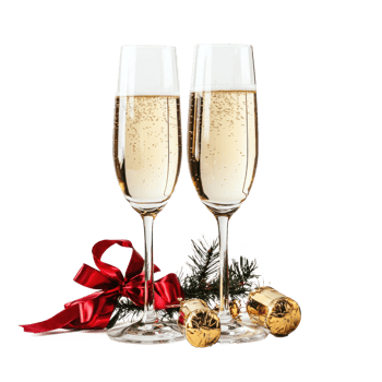 Two glasses of Champagne with a cork and red barbles and golden ribbon and bow front view isolate on transparent background png