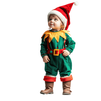 Funny little child wear christmas elf costume side view isolate on transparent background png