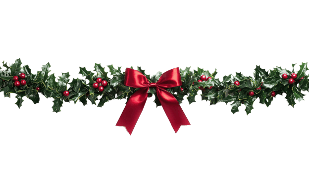 Holly Garland with red ribbon and bow isolate on transparent background png
