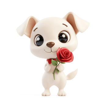 Cute Dog holding a red rose in his mouth 3D icon isolate png