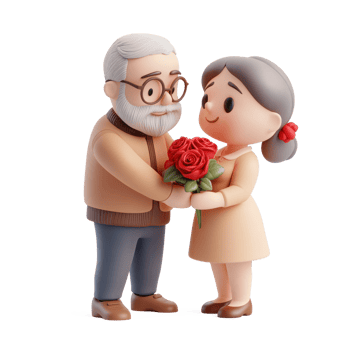 A senior man giving a bouquet of red roses to his wife 3D icon cartoon isolate png