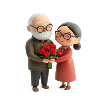 A senior man giving a bouquet of red roses to his wife 3D icon isolate png