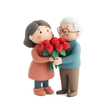 A senior man giving a bouquet of red roses to his wife 3D icon isolate png